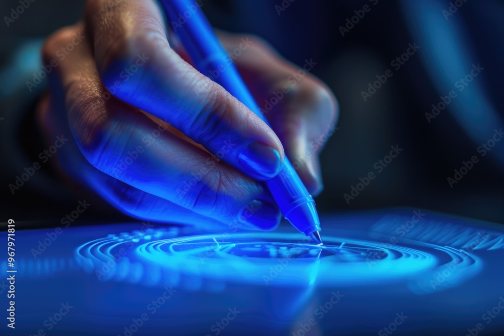 Poster a person using a pen to create artwork on a tablet, ideal for illustrating creative process or showc