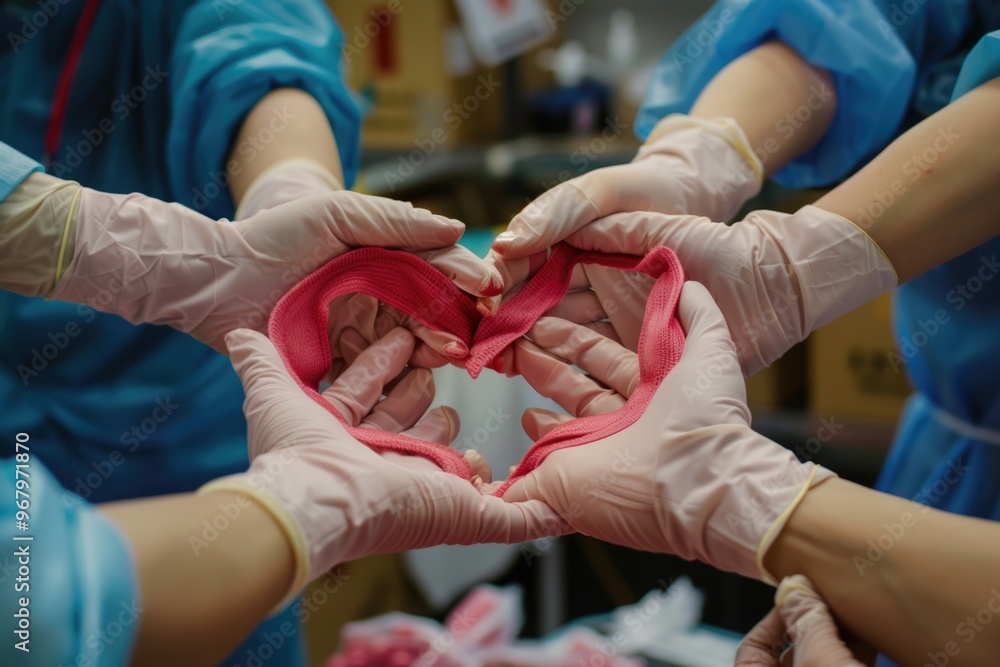 Poster Group of people creating a heart symbol with their hands, suitable for various love and unity related concepts