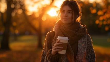 A young woman holding a coffee cup, standing in a peaceful park at sunset. The sky is ablaze with warm orange and pink hues