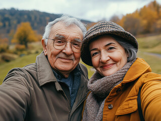 Fototapeta premium Happy Senior Couple Capturing Joyful Moment with Selfie in Scenic Backdrop - Close-Up Soft Tones Realism