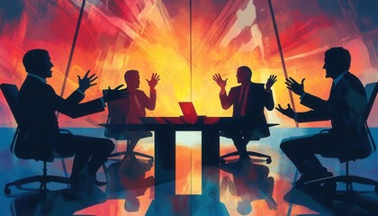 Heated political discussions with people gesturing intensely, political discussions, debate scene.