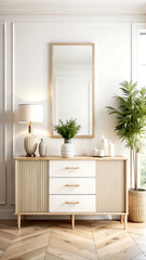 Commode with decor close up in living room interior, wall mockup, 3d render, white Mock up frame