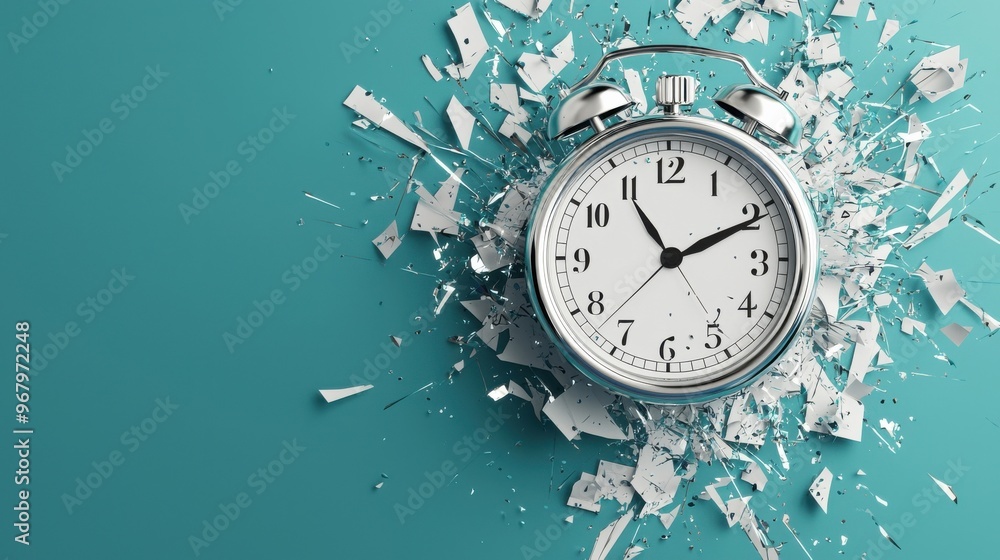 Poster a stopwatch surrounded by shattered documents and graphs, representing the panic of missing deadline