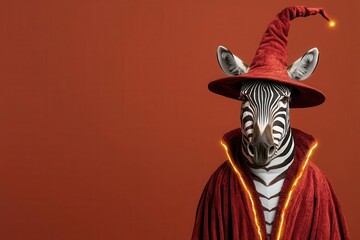 Fototapeta premium Zebra in a wizard robe casting spells with its stripes glowing, Zebra in wizard costume, striped magic, enchanted creature