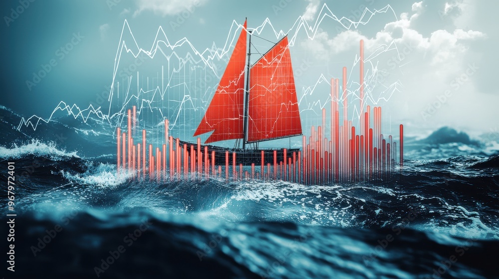 Poster a stormy ocean with a ship sailing through, the sails made of bar graphs and data charts, navigating