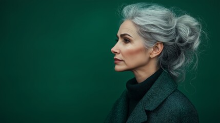 A woman with gray hair and a green background. She is wearing a green jacket and has her hair in a bun