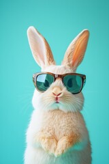 Obraz premium Cute funny Easter bunny wearing glasses, set against a solid color background. Intellectual look, perfect for Easter and spring-themed designs and concepts.