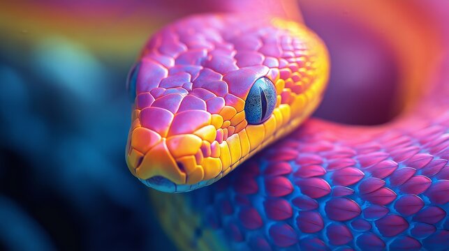 A colorful snake with a pink head and yellow body. The snake is in a blue background. The colors of the snake are vibrant and eye-catching