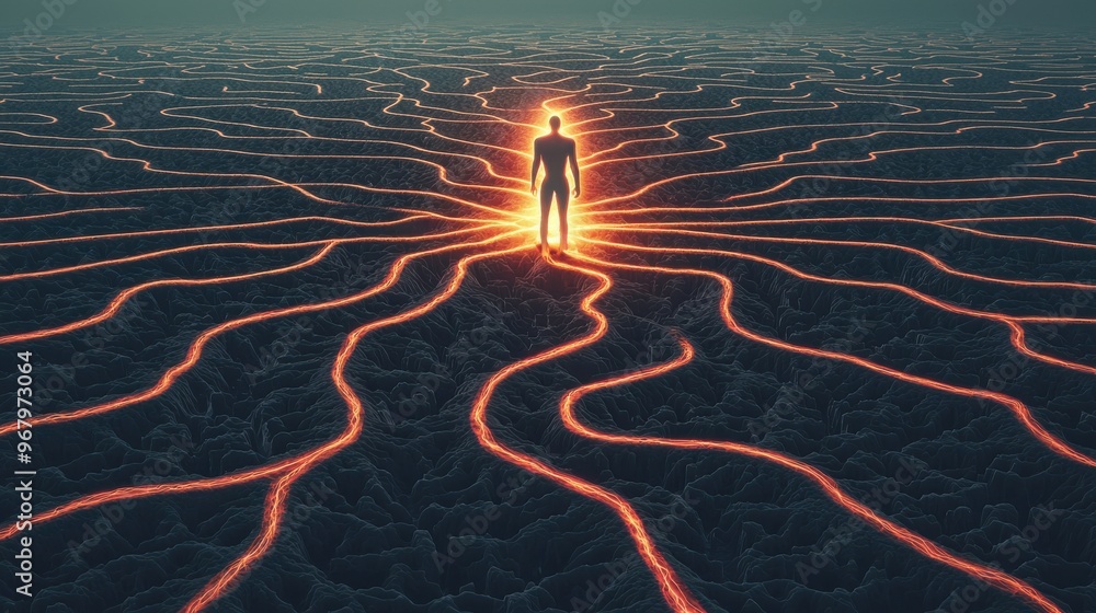 Poster a tangled web of paths with a glowing figure standing at the center, each path branching out into va
