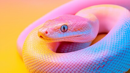 Fototapeta premium A snake with a pink and orange body and yellow head. The snake is curled up and he is resting
