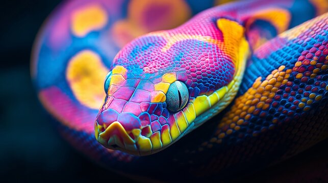 A colorful snake with a pink head and yellow tail. The snake is in a natural setting, with a green background