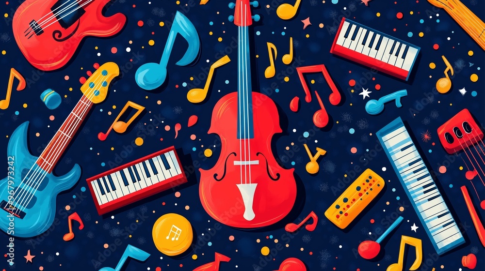 Aufkleber a colorful image of musical instruments and notes. scene is lively and energetic, as it showcases va