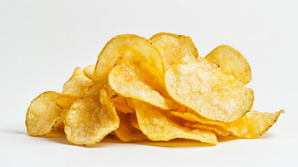 A pile of potato chips against a white backdrop.