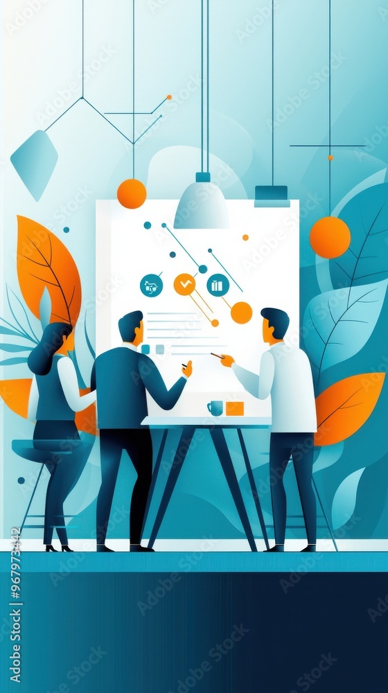 Poster a team of engineers works in a lab, discussing the milestones for a new project and writing down the