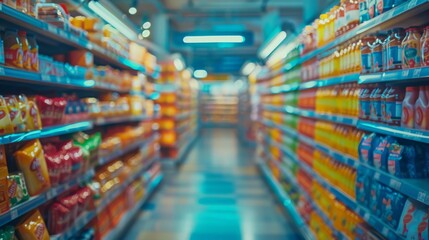 Blurred view of supermarket aisles with colorful packaged goods on shelves. Concept of shopping and retail