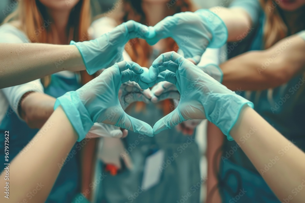 Poster a group of people creating a heart shape using their hands, perfect for love and unity concepts