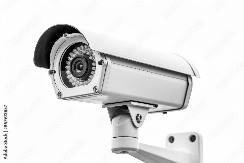 Poster a security camera mounted on the side of a building, providing surveillance and monitoring