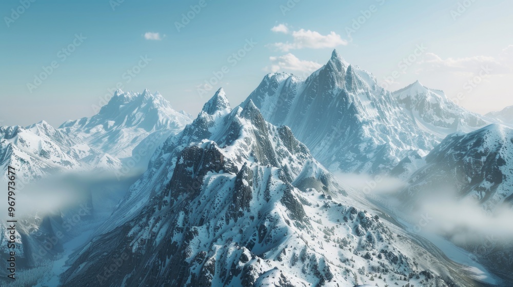Poster aerial view of a mountain range with snow-capped peaks and valleys