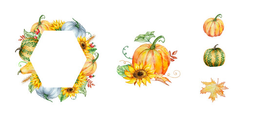 Watercolor autumn frames set with pumpkins and fall leaves