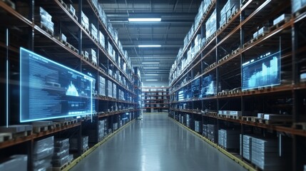 A modern warehouse with digital displays showcasing data analytics and inventory management.