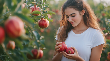 a beautiful female israeli farmer picking pomegranates, wearing plain white t-shirt, realistic photography, solid background,