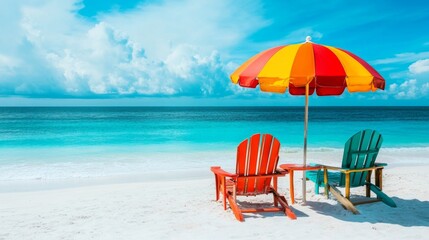 Vibrant beach scene with a colorful umbrella and chairs overlooking a vast, tranquil ocean under a clear blue sky