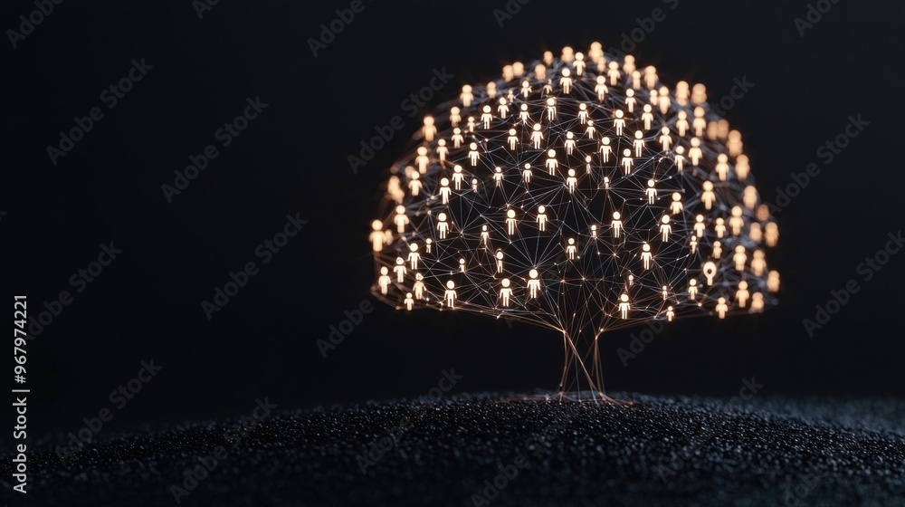 Poster a tree made of interconnected human icons as branches, each branch leading to different paths of lig