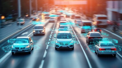 Fototapeta premium Autonomous Vehicle Navigating City Street with Digital Overlay