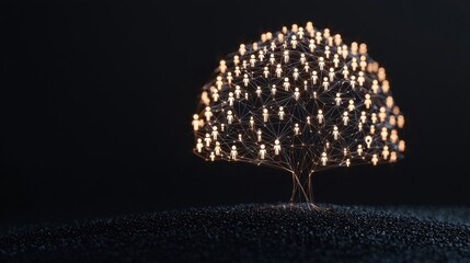 A tree made of interconnected human icons as branches, each branch leading to different paths of light, representing the growth and evolution of workforce planning