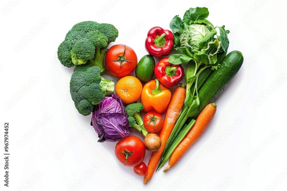 Poster a creative and healthy snack or centerpiece made from various vegetables arranged in a heart shape o