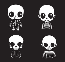 Adorable chibi skeleton in a Halloween-themed cartoon vector illustration.
