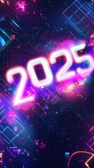 The vibrant design features the year 2025 in illuminated colors against a background of geometric shapes and glowing patterns