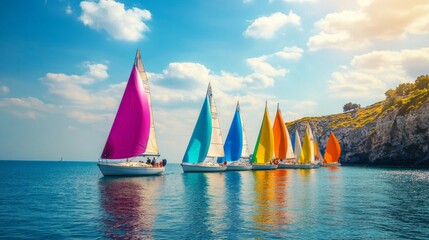 Naklejka premium Vibrant Sailboat Regatta in a Sunlit Coastal Bay, showcasing a lively competition with bright sails dancing on the sparkling water, surrounded by a picturesque shoreline and clear blue skies.