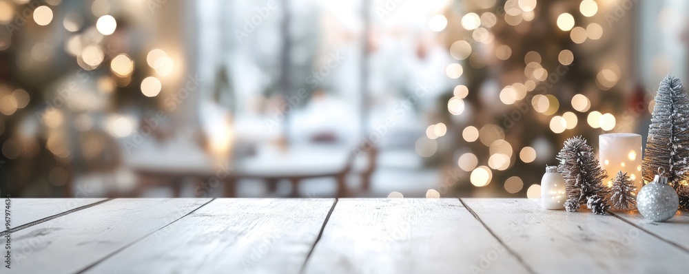 Poster blurred white background with bokeh and an empty tabletop for product display, christmas cafe banner