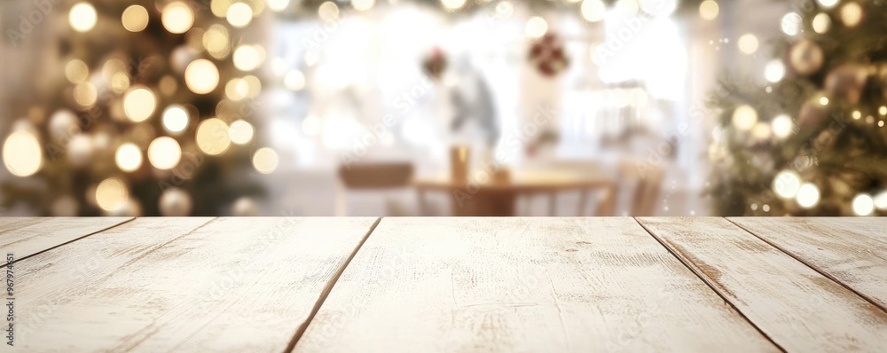 Poster blurred white background with bokeh and an empty tabletop for product display, christmas cafe banner