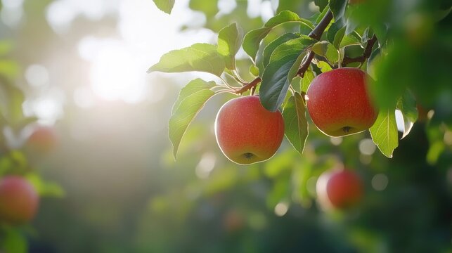 Red Apples Hanging on Tree Branch in Sunny Orchard