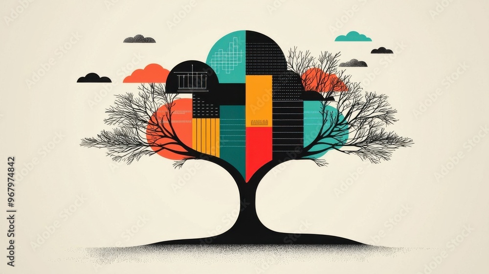 Poster a tree with colorful, geometric branches extending outwards, each branch labeled with different elem