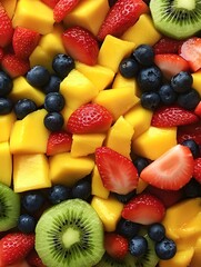 Obraz premium Fruit Platter with Mixed Berries A colorful fruit platter featuring strawberries, blueberries, mango slices, and kiwis, artfully displayed.