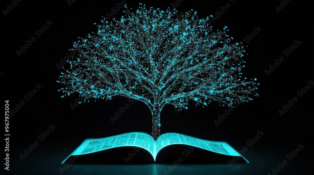 Poster a tree with digital branches, where each leaf represents a specific skill. the tree is glowing, and 