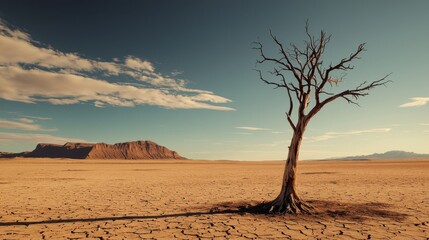 A tree with dry, cracking bark in the middle of a desert, emotional and physical depletion