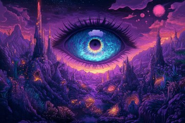 Obraz premium A giant eye with intricate details and vibrant colors, floating in the center of an alien landscape filled with glowing city lights and strange flora. Generative AI