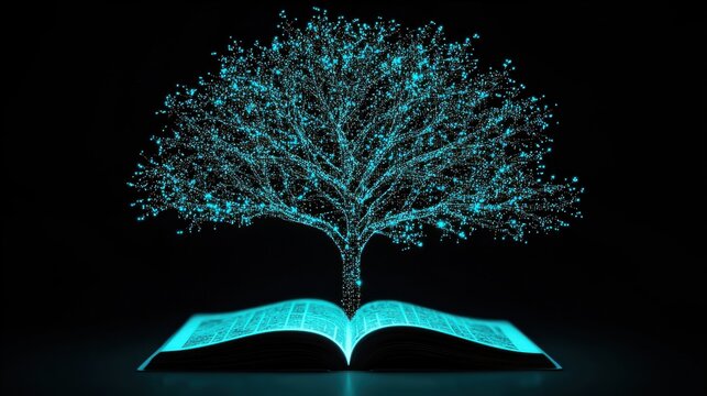 A tree with digital branches, where each leaf represents a specific skill. The tree is glowing, and beneath it is an open book, the connection between learning and growth