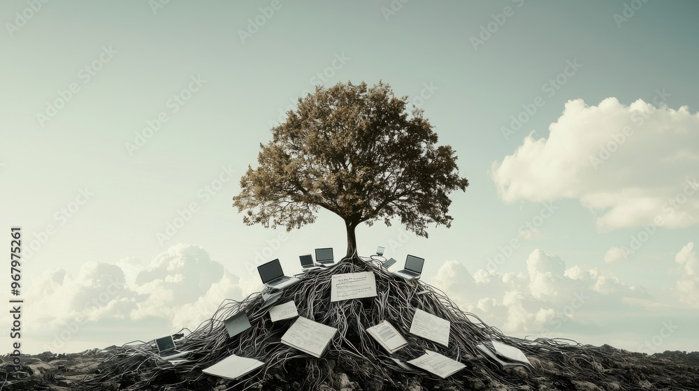 Poster a tree with its roots intertwined with wires, computers, and papers, while its branches extend upwar