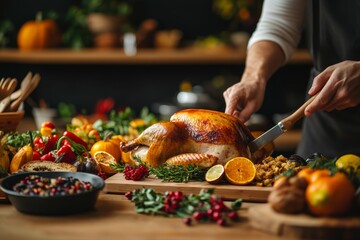 Chef carving a roasted turkey for a festive dinner, surrounded by fresh fruits, vegetables, and seasonal decorations. Thanksgiving or festive occasions.