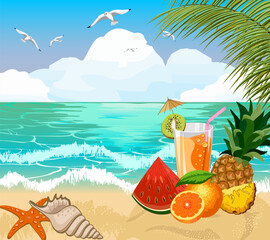 Fruits and drinks on the background of the sea.Vector illustration with tropical fruits and drinks on the seashore under palm trees.