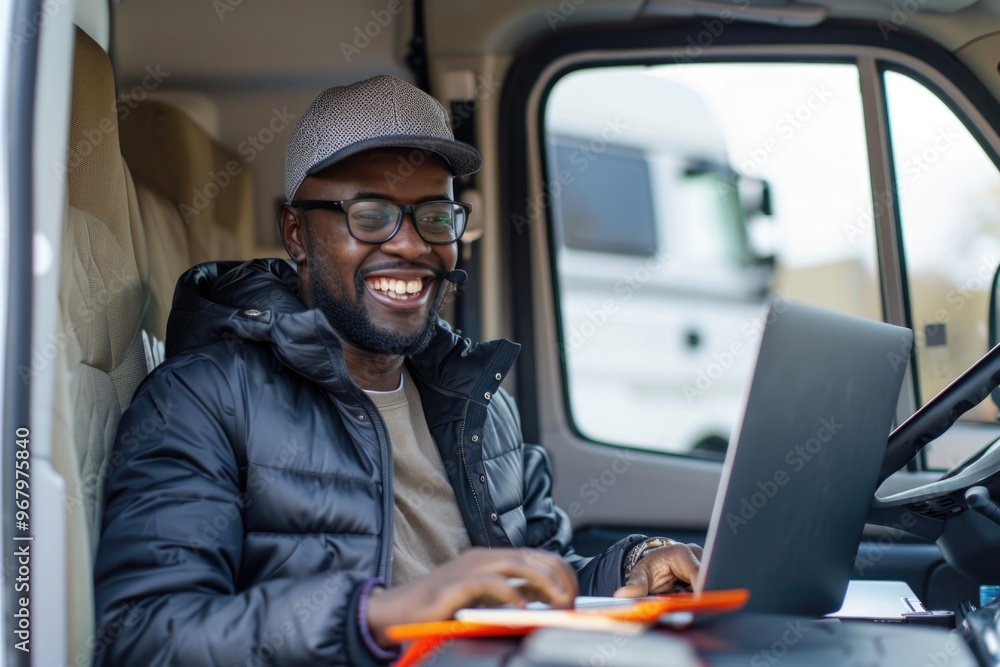 Poster man sits in a truck with a laptop, possibly working remotely