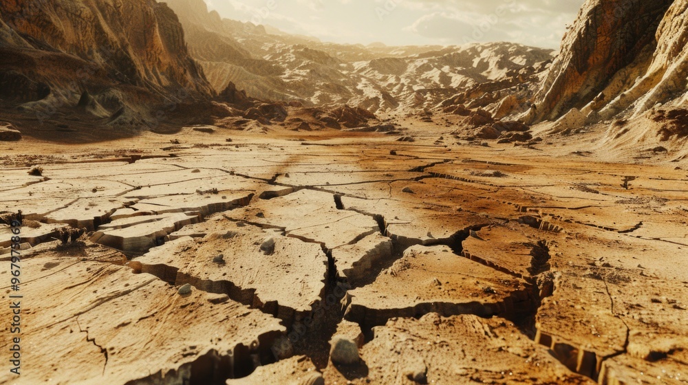 Poster desolate terrain with rocky outcroppings and dry earth, suitable for use in scenes depicting post-ap