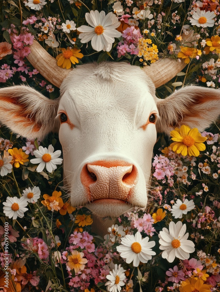 Sticker cow in flower field