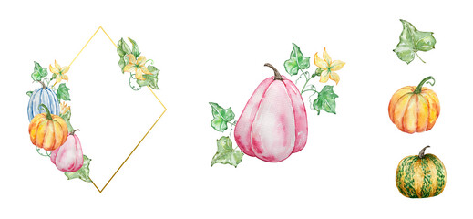 Watercolor autumn gold frames set with pumpkins and fall leaves
