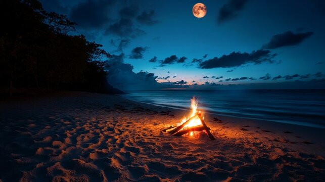 Moonlit Serenity, a tranquil beach scene with a warm fire pit, gentle waves lapping at the shore, and the soft glow of the rising moon illuminating the night sky.